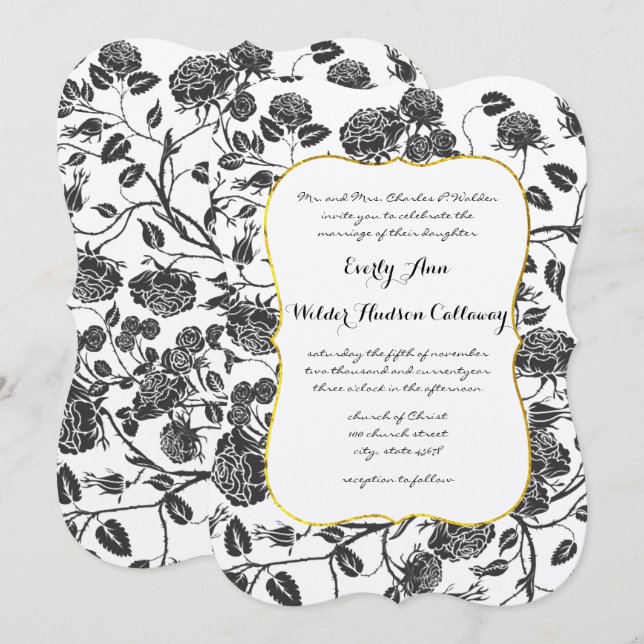 Invitación Monograma Rosas negros Toile Gold Border Boda (Anverso / Reverso)