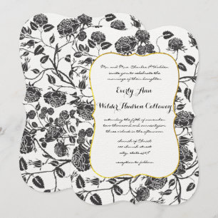 Invitación Monograma Rosas negros Toile Gold Border Boda