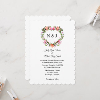 Invitación Monograma Rosas románticos Corazón Floral