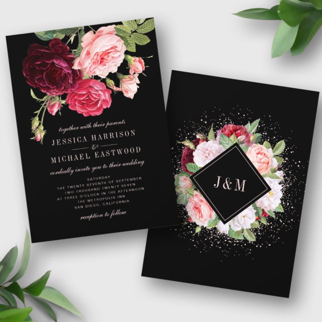 Invitación Monograma Rose Bouquet Elegante Boda Negro (Subido por el creador)