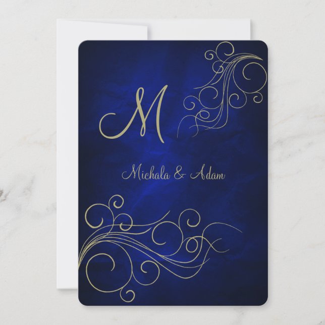 Invitación Monograma Royal Blue Elegant Gold Swirl (Anverso)