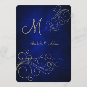 Invitación Monograma Royal Blue Elegant Gold Swirl