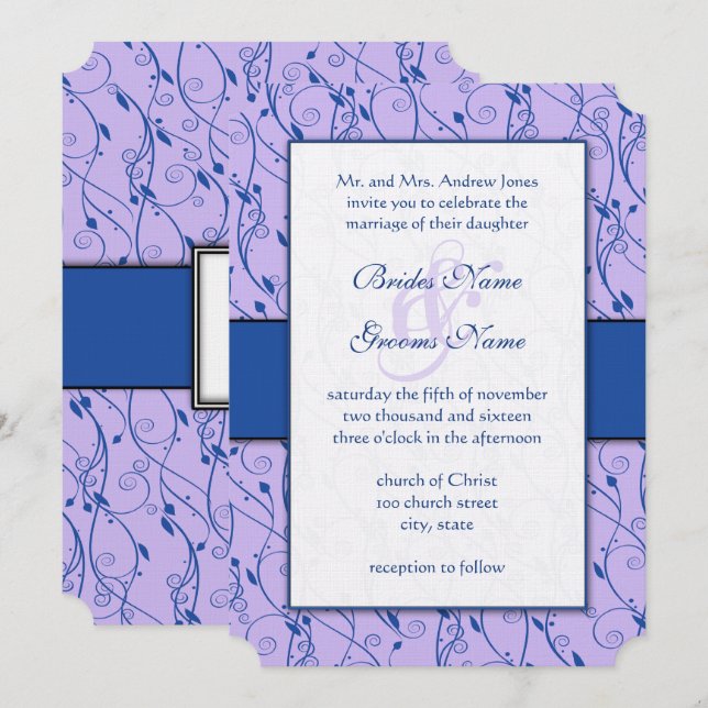 Invitación Monograma Royal Blue Lilac Swirl Boda (Anverso / Reverso)