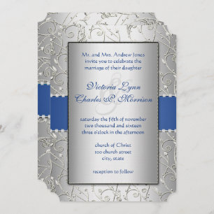 Invitación Monograma Royal Blue Silver Swirl Boda