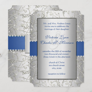 Invitación Monograma Royal Blue Silver Swirl Boda