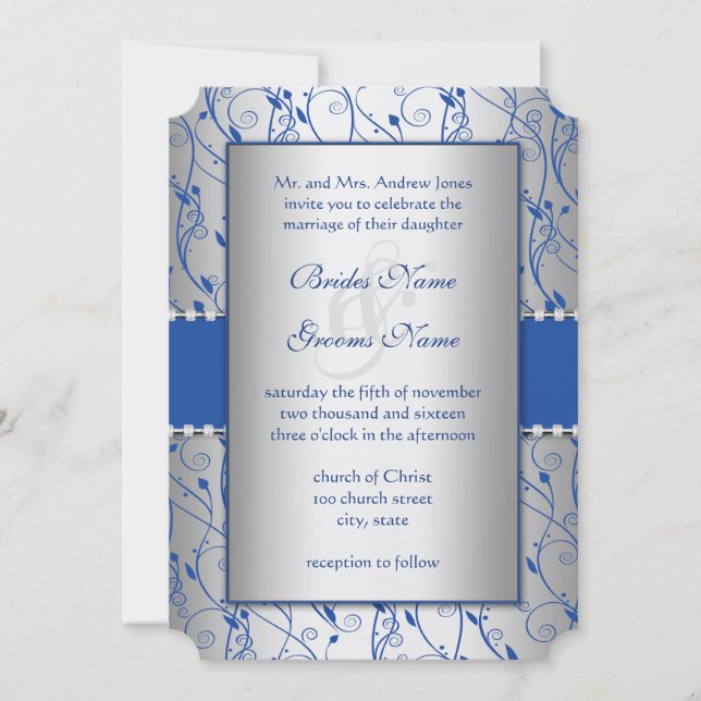 Invitación Monograma Royal Blue Silver Swirl Boda (Anverso)