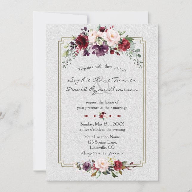 Invitación Monograma Royal Burgundy Floral Gold Boda (Anverso)