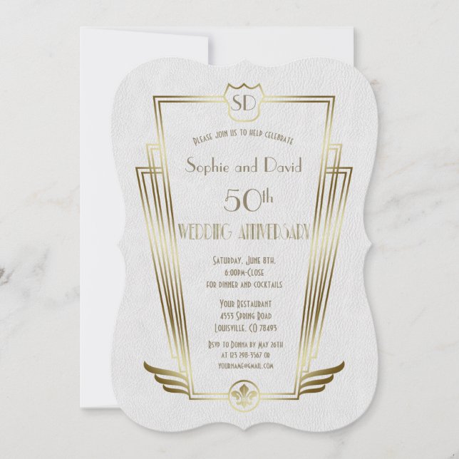 Invitación Monograma Royal Gold Art Deco de Boda Aniversario (Anverso)