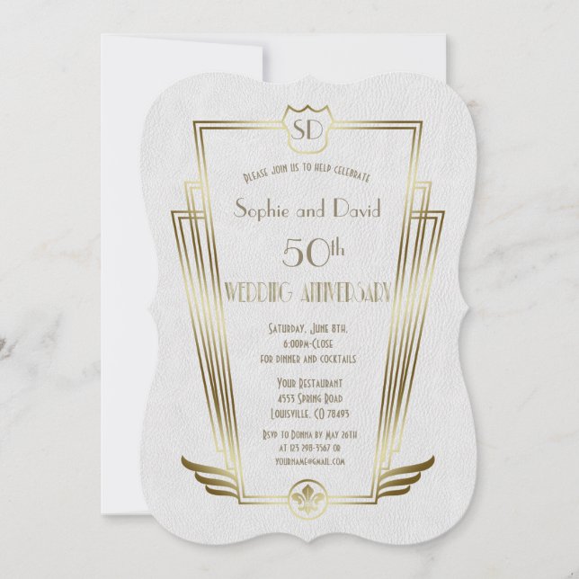 Invitación Monograma Royal Gold Art Deco para Boda Aniversari (Anverso)