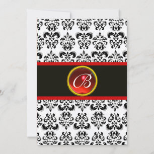 Invitación MONOGRAMA RUBÍ ROJO DAMASCO, negro y blanco