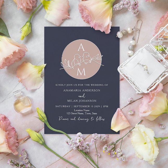Invitación Monograma Rubor Boda azul de la marina rosa (Subido por el creador)