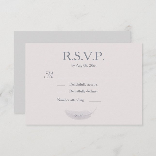 Invitación Monograma Rubor Boda de pluma gris rosa RSVP (Anverso / Reverso)
