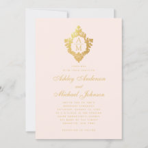 Monograma Rubor Faux Gold Escudo Floral Boda rosa