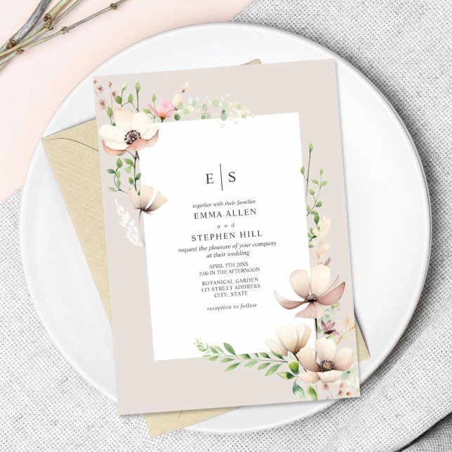 Invitación Monograma Rubor Floral Off Boda Botánico Blanco (Subido por el creador)