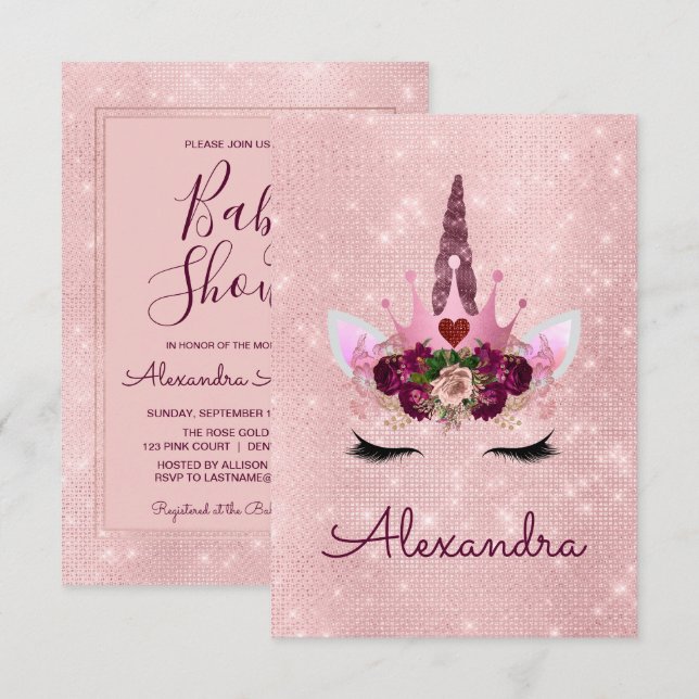 Invitación Monograma Rubor Pink Sparkle Unicorn Baby Shower (Anverso / Reverso)