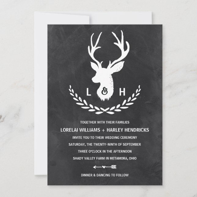 Invitación Monograma ruso | Chalkboard Stag Boda (Anverso)