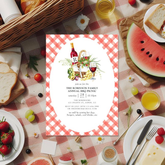 Invitación Monograma Rústico Rojo Gingham BBQ Picnic (Rustic Red Gingham BBQ Picnic Monogram Invitation)