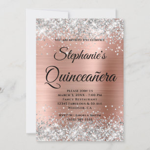 Invitación Monograma Silver y Rosa Gold Fancy Quinceañera