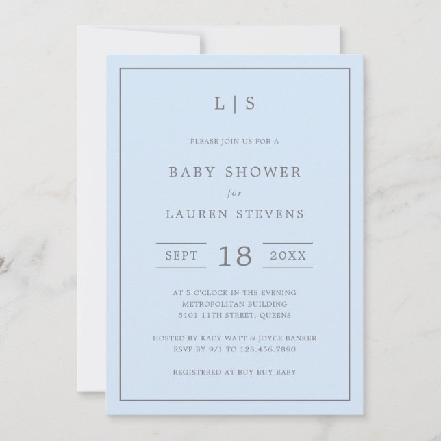 Invitación Monograma simple azul y gris Baby Shower (Anverso)