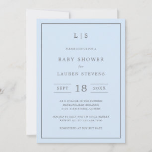 Invitación Monograma simple azul y gris Baby Shower