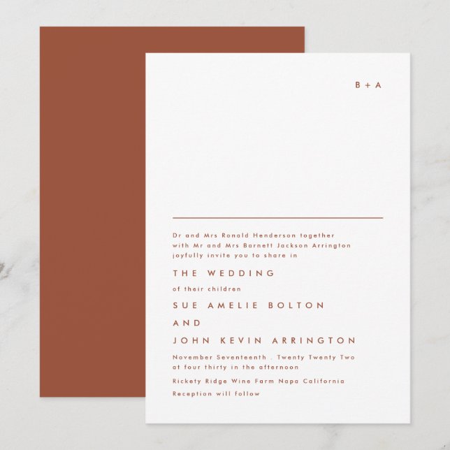 Invitación Monograma simple Boda blanco terracota elegante (Anverso / Reverso)