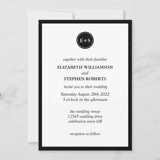 Invitación Monograma simple | Boda blanco y negro (Anverso)