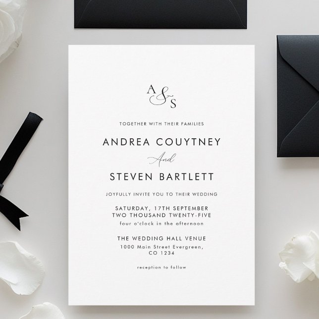 Invitación Monograma simple Boda blanco y negro (Subido por el creador)