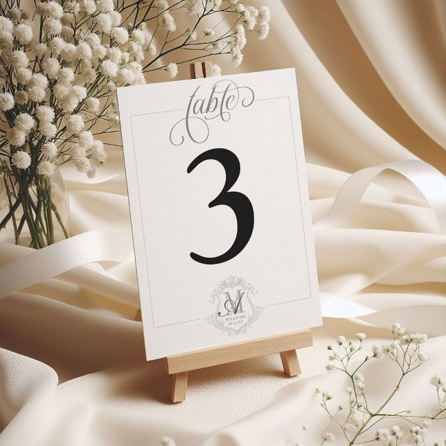 Invitación Monograma simple Boda de Escudo de cosecha (Simple black and white script elegant modern vintage floral monogram crest wedding table number)
