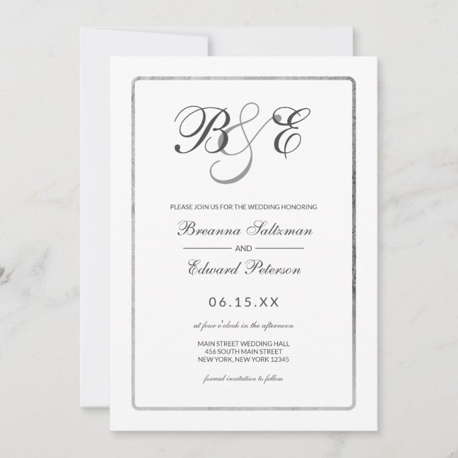 Invitación Monograma simple con borde plateado blanco (Anverso)