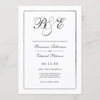 Invitación Monograma simple con borde plateado blanco