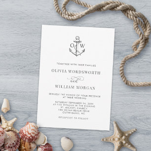Invitación Monograma simple de ancla náutica mínima Boda