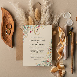 Invitación Monograma simple de ferrina silvestre beige Boda