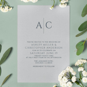 Invitación Monograma simple de Marina azul y acero gris Boda