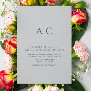 Invitación Monograma simple de Marina azul y acero gris Boda