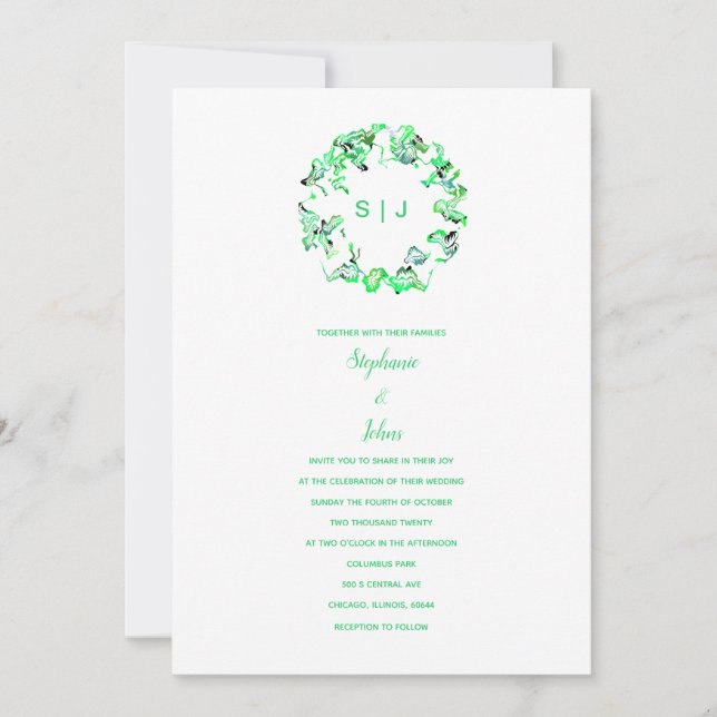 Invitación Monograma simple Escudo Boho blanco verde Boda (Anverso)