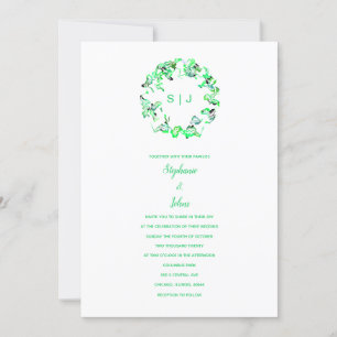 Invitación Monograma simple Escudo Boho blanco verde Boda