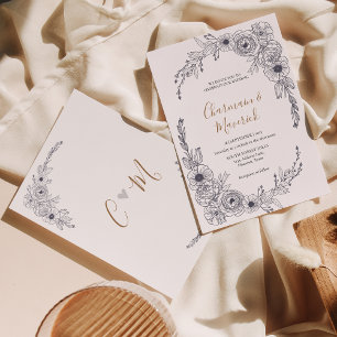 Invitación Monograma simple Floral en blanco y negro Boda car