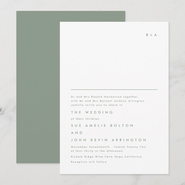 Invitación Monograma simple Moss Boda verde elegante (Anverso / Reverso)