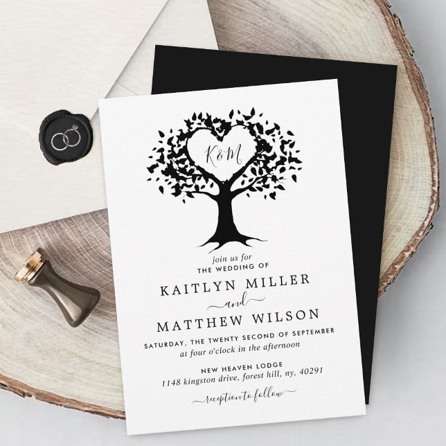 Invitación Monograma simple negro y blanco Boda de árbol del  (Subido por el creador)
