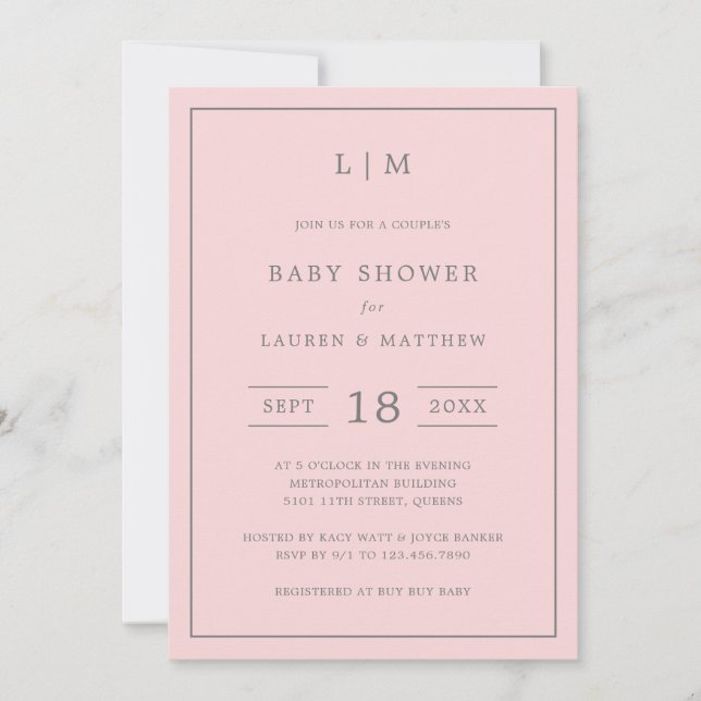 Invitación Monograma simple rosa Chica Parejas Baby Shower (Anverso)