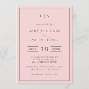 Invitación Monograma simple rosa y gris Chica Espolvorear beb