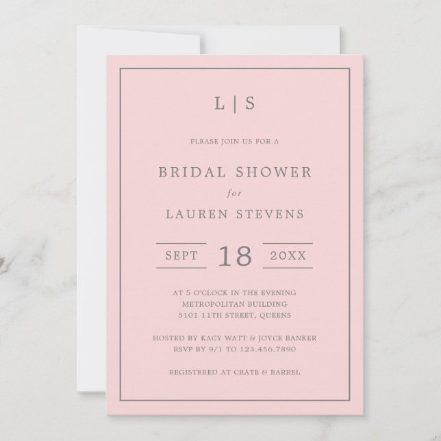 Invitación Monograma simple rosa y gris ducha de novia (Anverso)