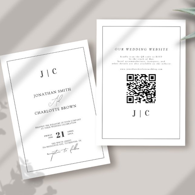 Invitación Monograma simple y Boda gris plateado con borde (Subido por el creador)