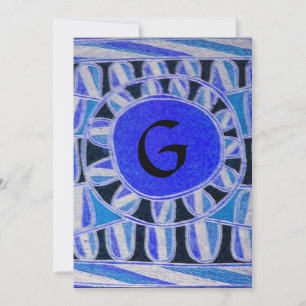 Invitación MONOGRAMA SOLAR, azul brillante turquesa negro bla