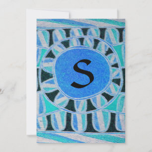 Invitación MONOGRAMA SOLAR, dorado azul turquesa negro blanco
