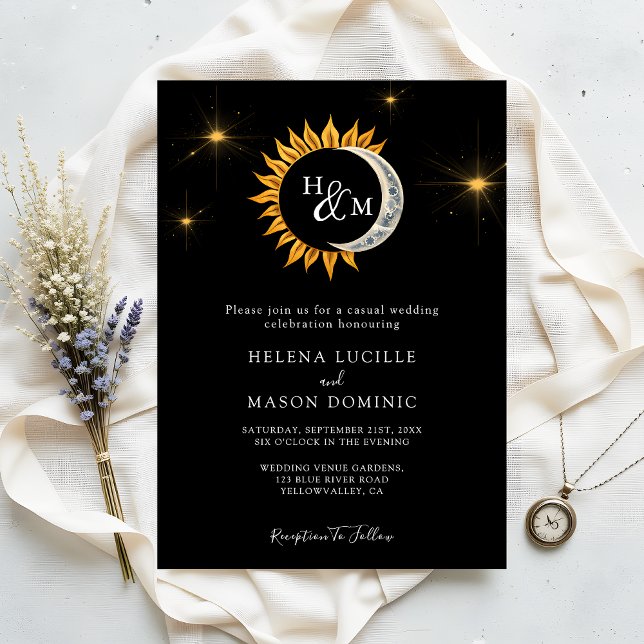 Invitación Monograma Sun y Moon Boda negro brillante (Subido por el creador)