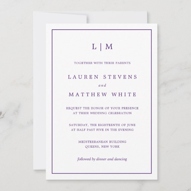 Invitación Monograma Tono De Joyas Púrpura Todo En Un Boda (Anverso)
