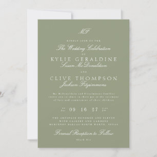 Invitación Monograma tradicional Boda verde sabio blanco
