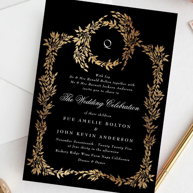 Invitación Monograma tradicional Escudo negro Boda clásico (Subido por el creador)