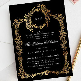 Invitación Monograma tradicional Escudo negro Boda clásico